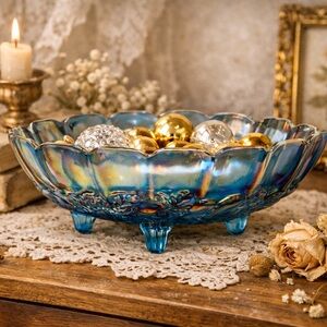 Indiana Harvest Grape Carnival Glass Blue Oval Footed Fruit Pattern Bowl 12"